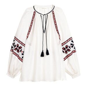 H&M white embroidered bubble sleeve boho oversized peasant blouse size 6
